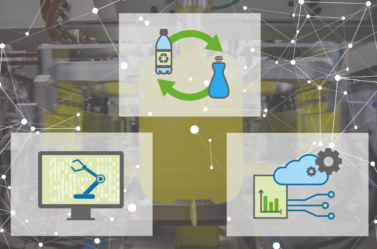 Symbolbild für das Förderprogramm DigiRess und seine Förderschwerpunkte Das Bild zeigt verschiedene Piktogramme. Die Piktogramme stehen für die Bereiche: Optimierung von Produktionsprozessen mittels Digitalisierung, Optimierung der Produktgestaltung mittels Digitalisierung und Digitale Geschäftsmodelle für ressourceneffiziente und zirkuläre Wertschöpfung.
