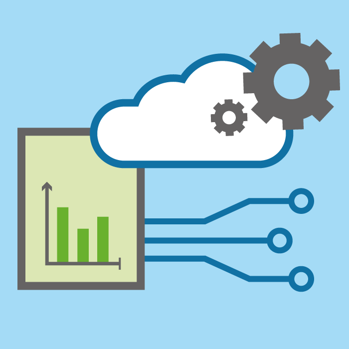 Das Piktogramm steht für digitale Geschäftsmodelle. Es zeigt ein Blatt mit einem Diagramm und Halbleiter sowie eine Wolke, die für eine Cloud steht. Es symbolisiert Förderschwerpunkt 3 "Digitale Geschäftsmodelle für ressourceneffiziente und zirkuläre Wertschöpfung".